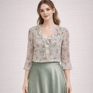 Vintage Sheer Silk Blouse Women Lp Green Chiffon Ruffles Y2K Dainty Fairycore